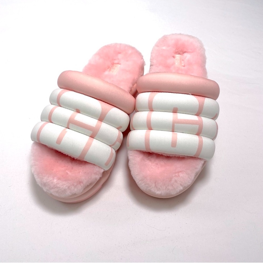 UGG Pink and White Fluffy Slide Sandals. Like new